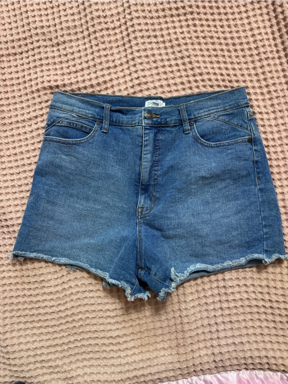 sofia by sofia vergara Blue High-Rise Denim Shorts with Frayed Hem
